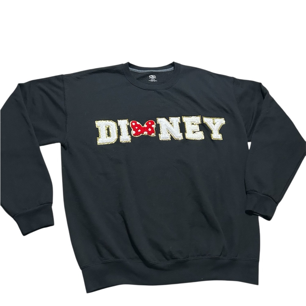 Disney Black Sweatshirt with Gold Lettering and Red Bow